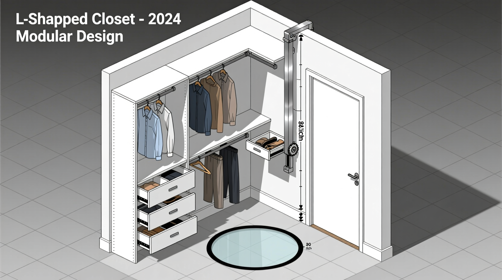 Side-view schematic of an L-shaped closet with dual-height hanging rods, three-tier pull-out garment trays, a motorized lift shelf at 68 inches, and a 30-inch clear floor circle centered on the doorway