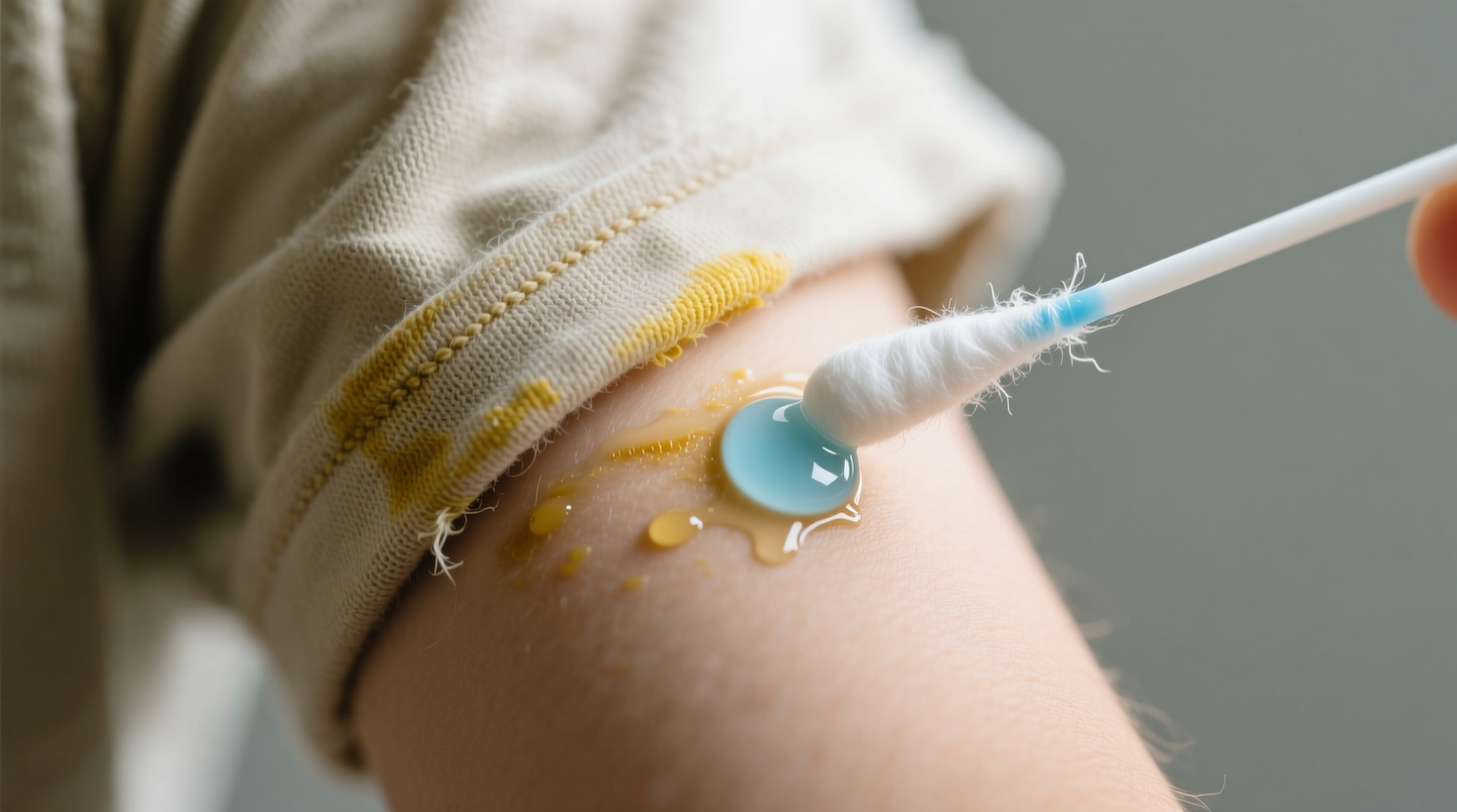 Close-up photo of a cotton t-shirt sleeve with visible yellow underarm staining, next to a cotton swab applying diluted hydrogen peroxide solution precisely to the stained area—no pooling, no saturation beyond the stain boundary.