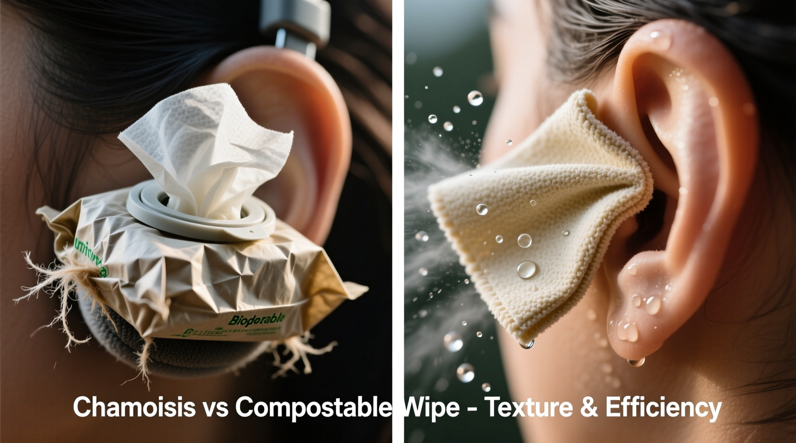 Side-by-side visual: left shows crumpled compostable wipe with visible lint fibers clinging to earpad surface; right shows taut, smooth chamois cloth gently wiping earpad in circular motion, with fine mist droplets glistening on its surface
