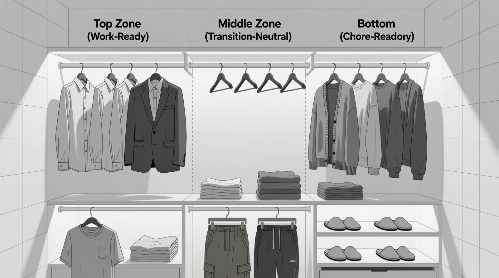 A minimalist closet showing three clearly defined zones: 5 folded lounge tops on open shelving (Daily Rotation), two labeled fabric bins on a higher shelf (Seasonal Reserve), and a single wooden shelf holding three neatly folded items with small tags (Transition Shelf)