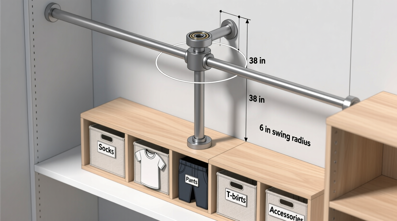 Side-view schematic of an accessible closet showing a 38-inch-high rotating steel rod with dual bearing mounts, clear 6-inch swing radius, and labeled fabric bins placed directly below on open shelving