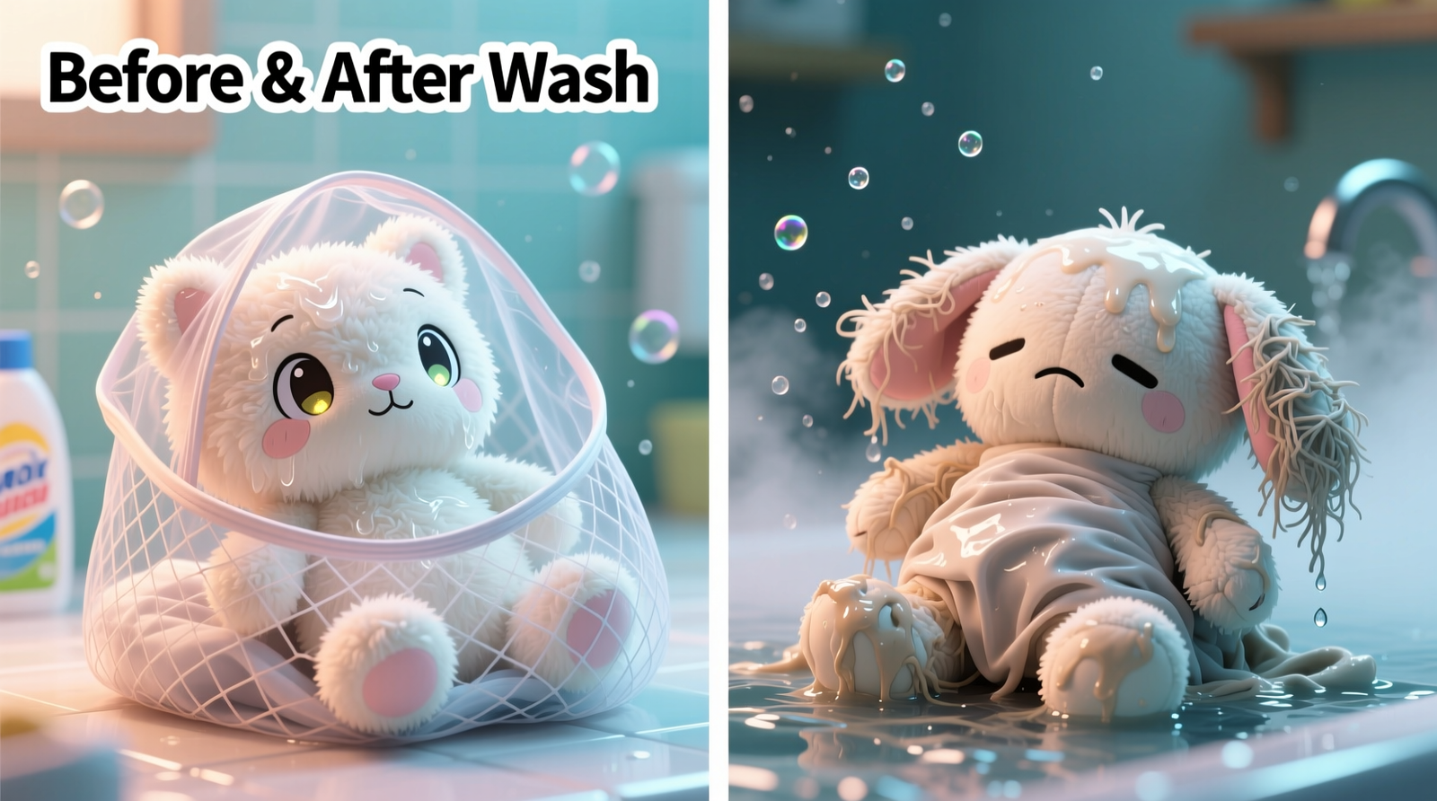 A medium-sized anime plushie nestled upright in a clear, lidded container half-filled with dry white rice, with rice grains visibly surrounding its base and lower limbs—demonstrating proper depth and containment for passive moisture absorption