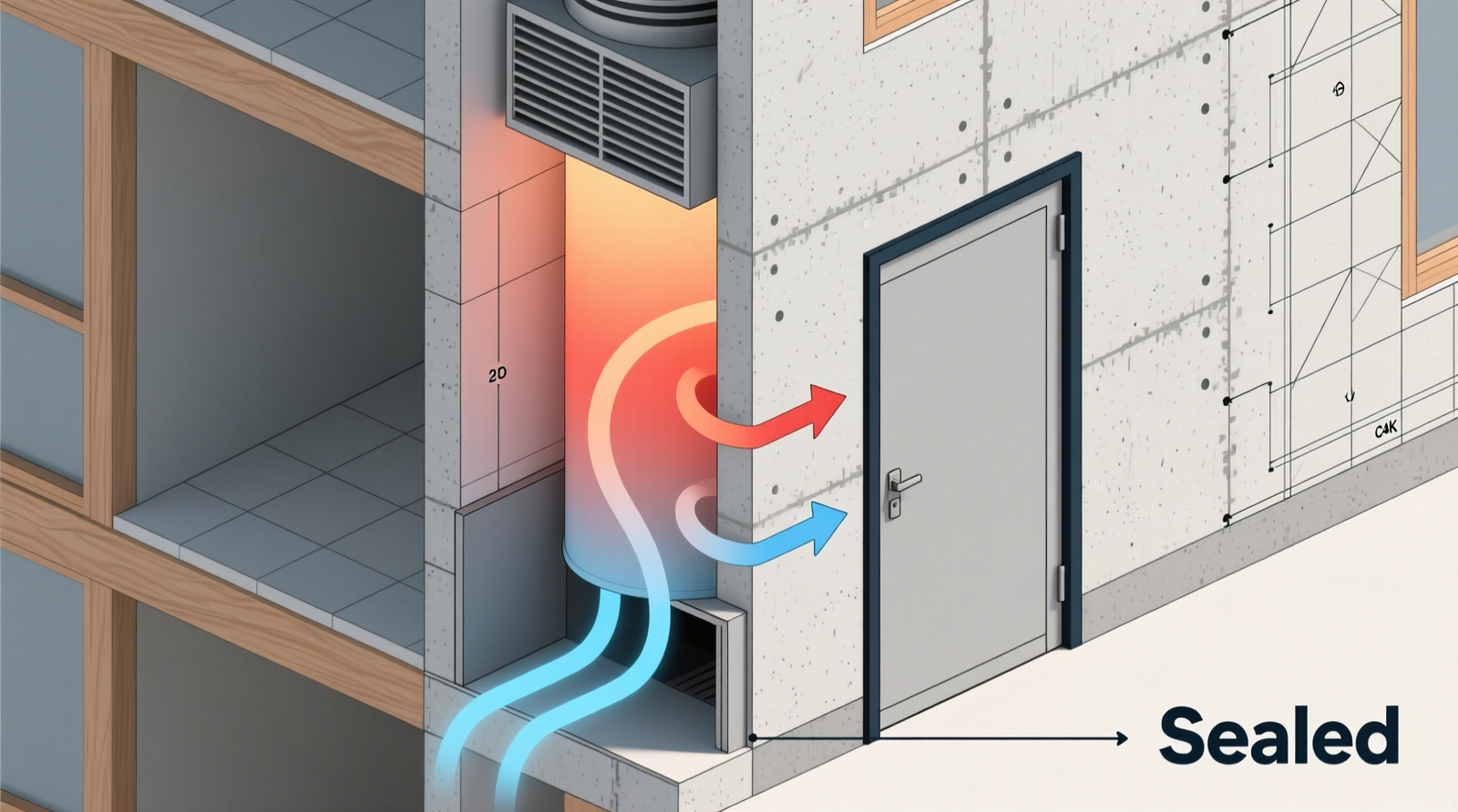 Cross-section diagram showing warm moist air rising out of upper passive ventilation panel while cooler dry air enters through lower panel, with labeled thermal stack effect arrows and sealed door perimeter