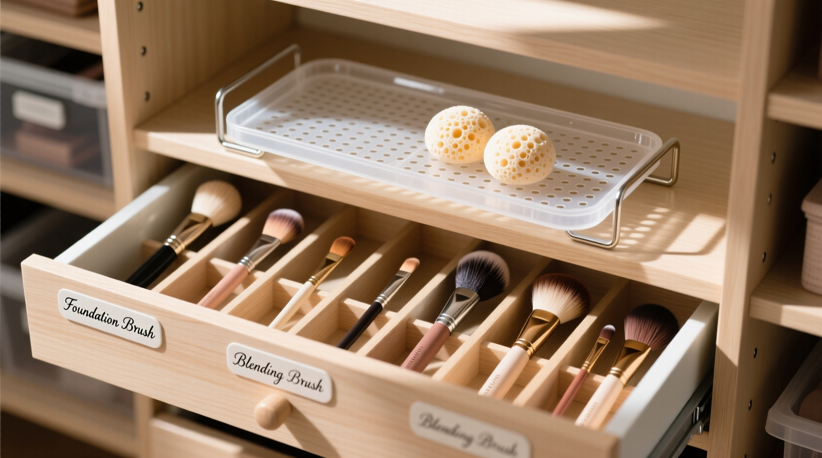 A minimalist white closet interior showing a brushed-steel vertical brush tower mounted beside a shallow, perforated bamboo tray holding beauty sponges on their sides—both installed at eye level with visible airflow gaps behind and around each unit
