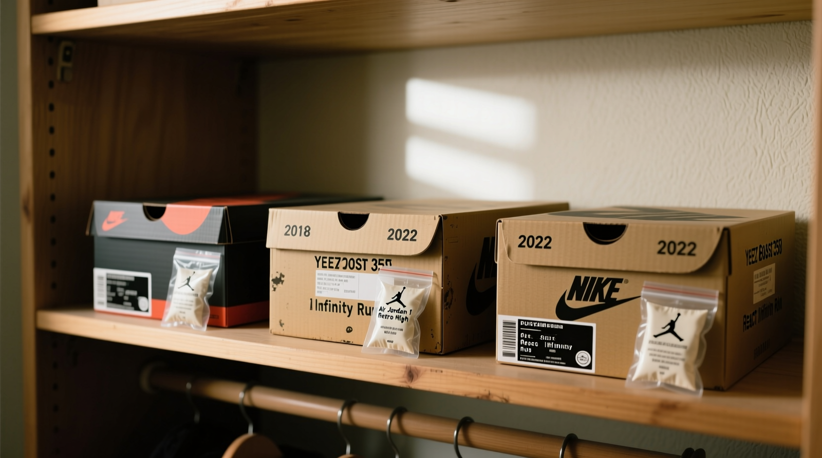 Three archival polypropylene sneaker boxes arranged on a closet shelf, each with visible silica gel packets and labeled with year of acquisition and model; background shows dim, indirect lighting and no windows