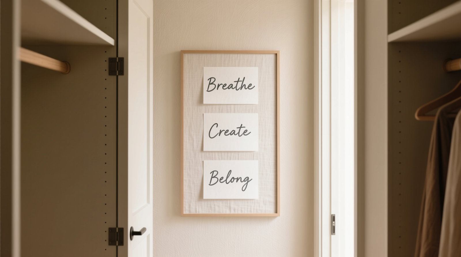 A clean, minimalist closet interior with a 12x16-inch matte-printed vision board mounted vertically on the inside of the left door panel; board features three short handwritten-style phrases in charcoal gray ink on off-white linen-textured paper, surrounded by 1.5 inches of negative space