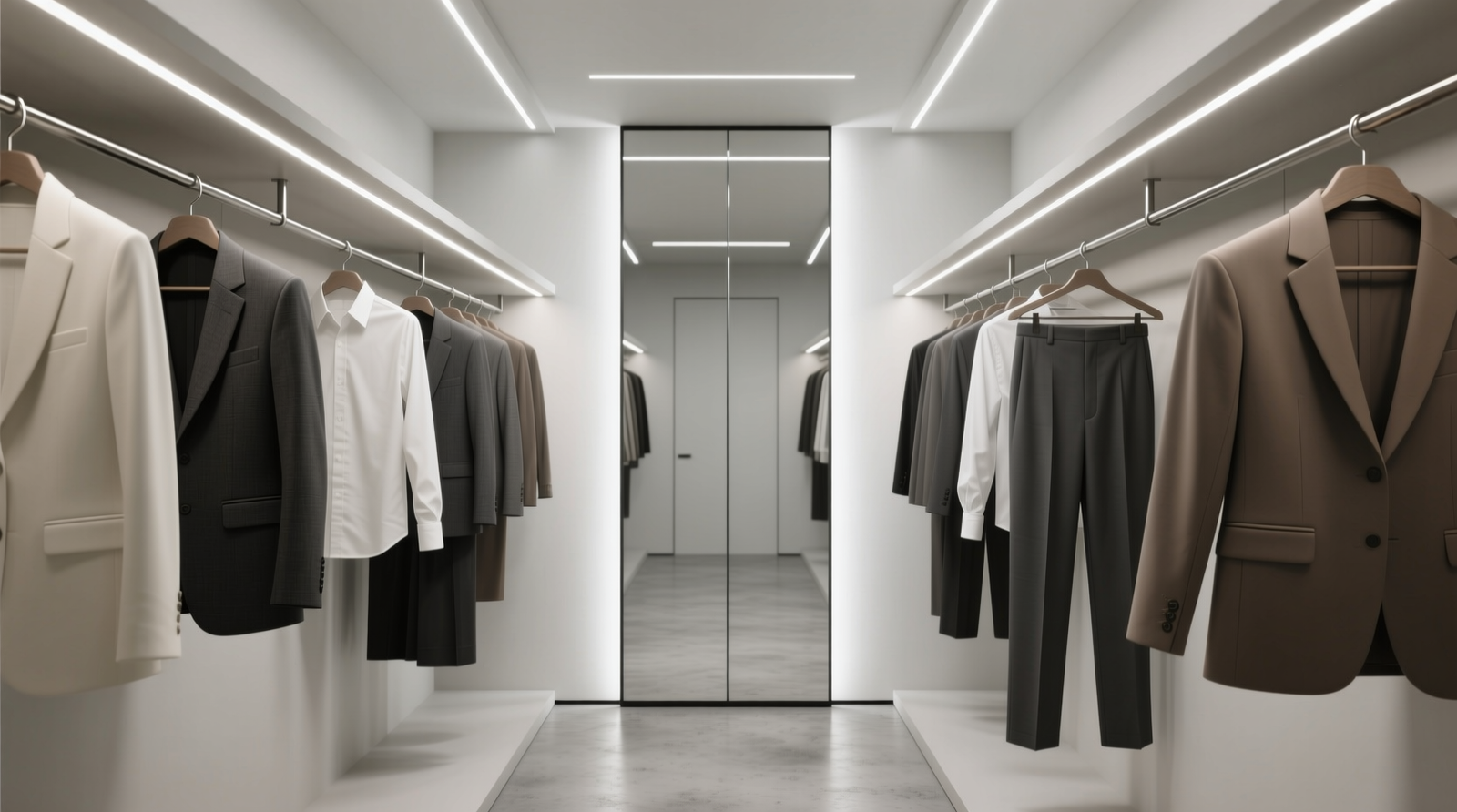 Close-up of a minimalist walk-in closet with a single frameless mirror on the back wall, evenly lit by overhead LED strips, clothes hung with consistent spacing and facing forward