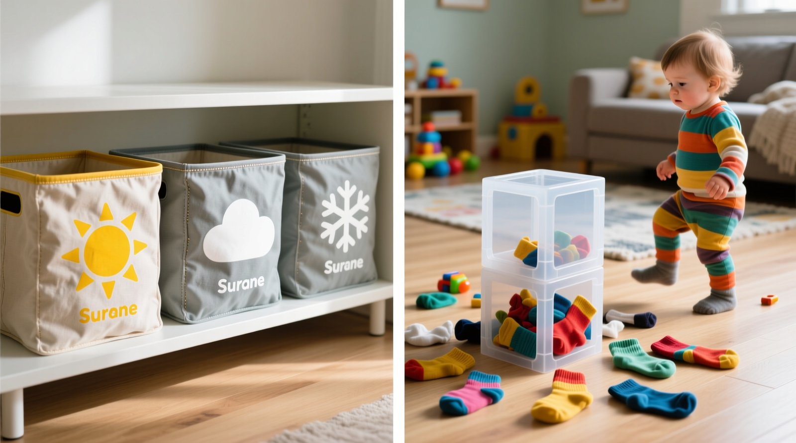 Side-by-side comparison: a toddler confidently stacking two rigid plastic cubes while a third sits stably on a low shelf; beside it, a fabric bin lies crumpled with toys spilled outward, its seams visibly stretched and fraying at the bottom corners.