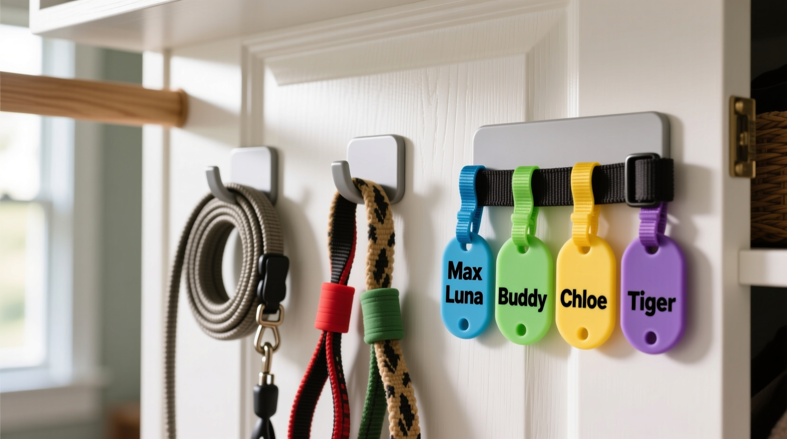 Close-up photo showing three discreet, clear adhesive hooks mounted inside a white closet door: one holding a rolled nylon leash, one holding two coiled spare leashes, and one holding five color-coded silicone-sleeved pet ID tags on a microfiber loop strap