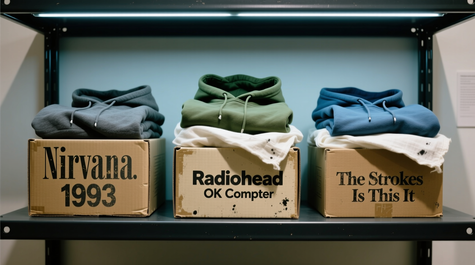 Three archival cardboard boxes labeled 'Nirvana 1993', 'Radiohead OK Computer', and 'The Strokes Is This It', each containing folded hoodies wrapped in off-white cotton muslin, stacked neatly on a matte black metal shelf under LED lighting with no visible UV emission