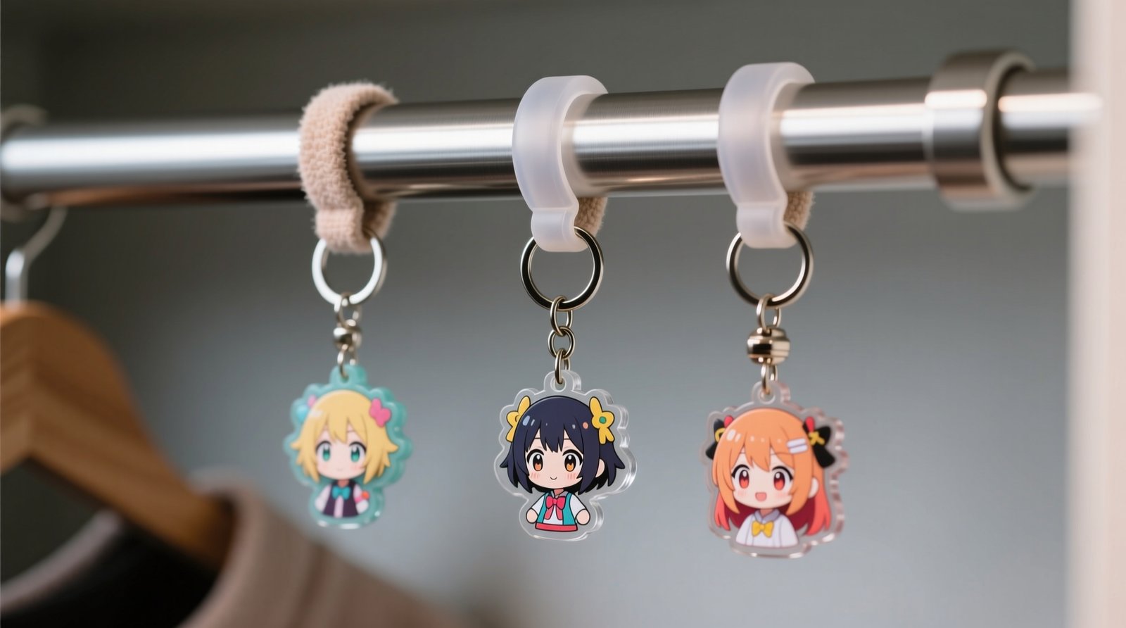 Close-up of a brushed stainless steel closet rod wrapped in translucent matte-finish silicone sleeve, with three spaced anime keychains hanging from micro-suede-lined S-hooks—no visible contact between charm hardware and rod surface