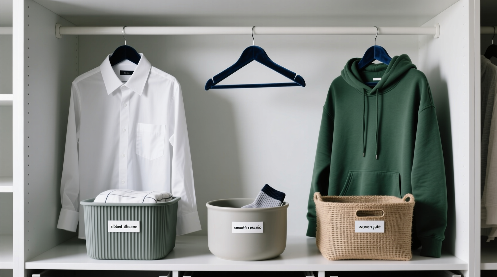 A well-organized closet with navy hangers holding crisp white shirts, forest green hangers with soft hoodies, and three labeled bins: ribbed silicone (pajamas), smooth ceramic (socks), and woven jute (underwear)—all placed at waist height with zero visual clutter above