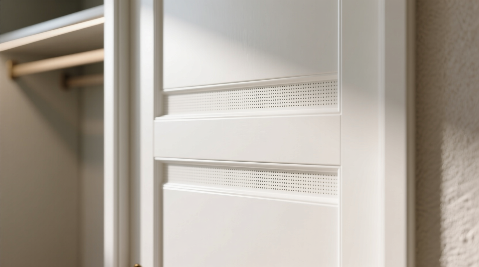 Close-up of a white-painted solid-core closet door with two subtle, recessed horizontal grilles—one near the top rail, one near the bottom rail—each finished in matching matte white with fine perforations barely visible at eye level