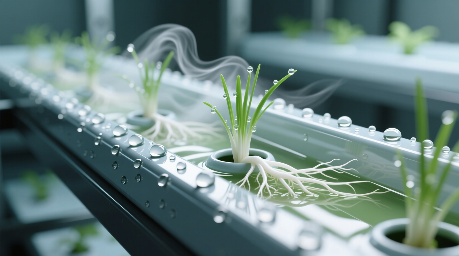 Close-up photo of a clean hydroponic grow tray with visible airflow path indicated by subtle vapor trail; barley grass extract droplets beading on tray sidewall beside healthy white root tips
