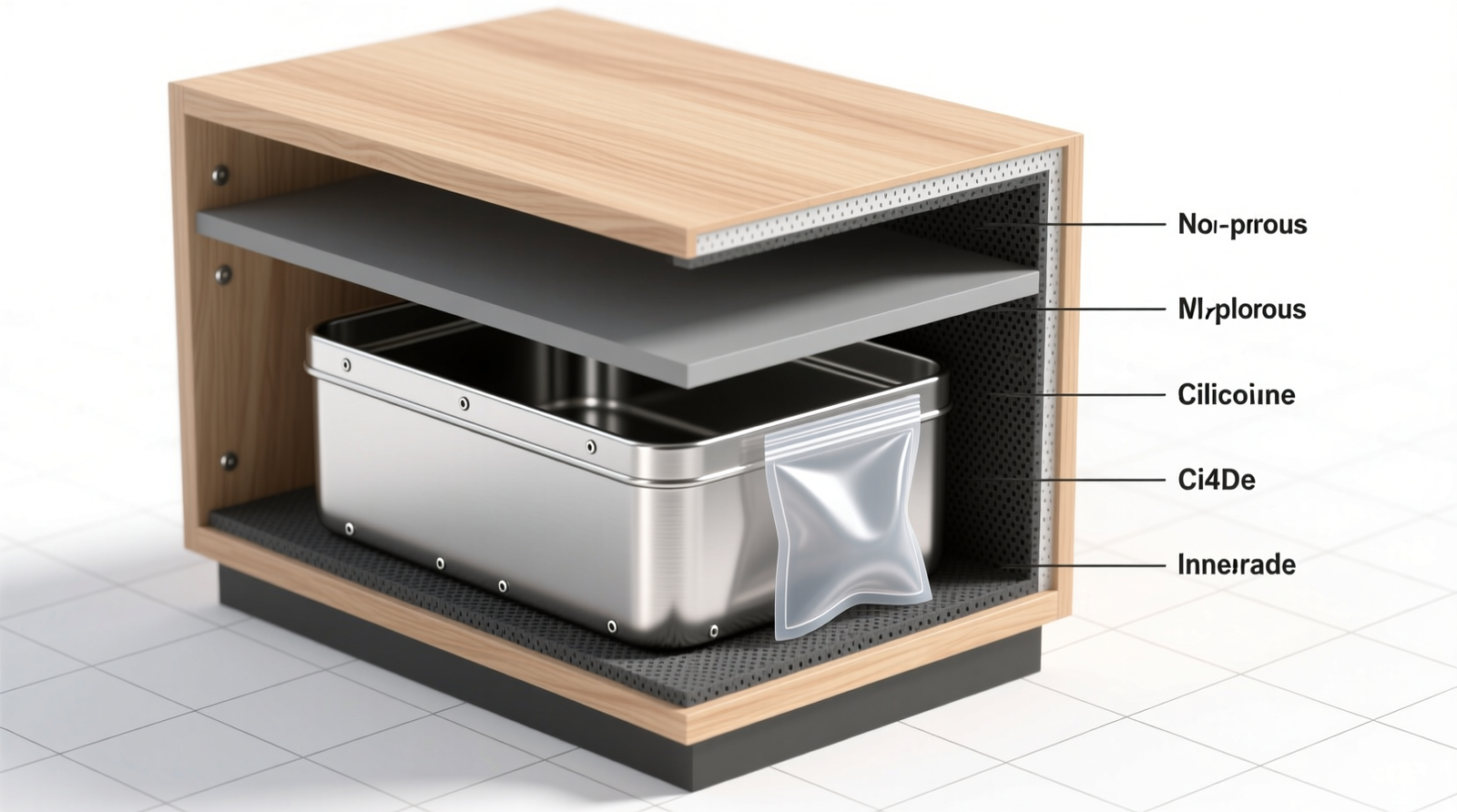 Cross-section diagram showing a base cabinet with labeled layers: outer wood shell, non-porous shelf liner, rigid stainless container, silicone pouch inside, and activated carbon pad lining the base and sidewalls