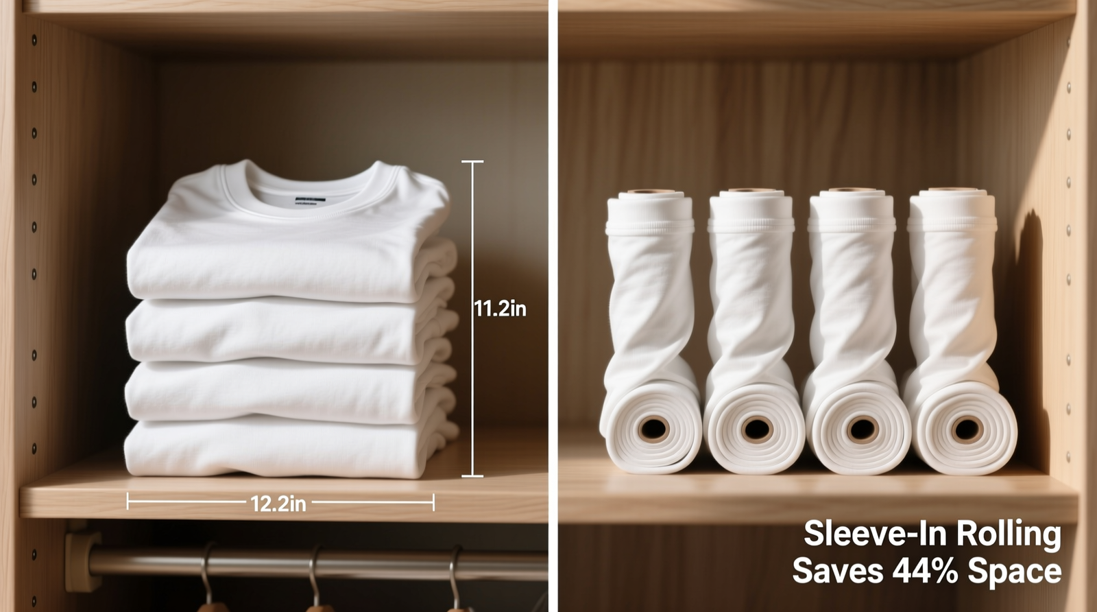 Side-by-side comparison: left shows five neatly folded t-shirts occupying 11.2 inches of vertical shelf space; right shows five identically sized t-shirts rolled using the sleeve-in method, occupying just 6.3 inches—both arranged upright in a standard 12-inch deep closet shelf
