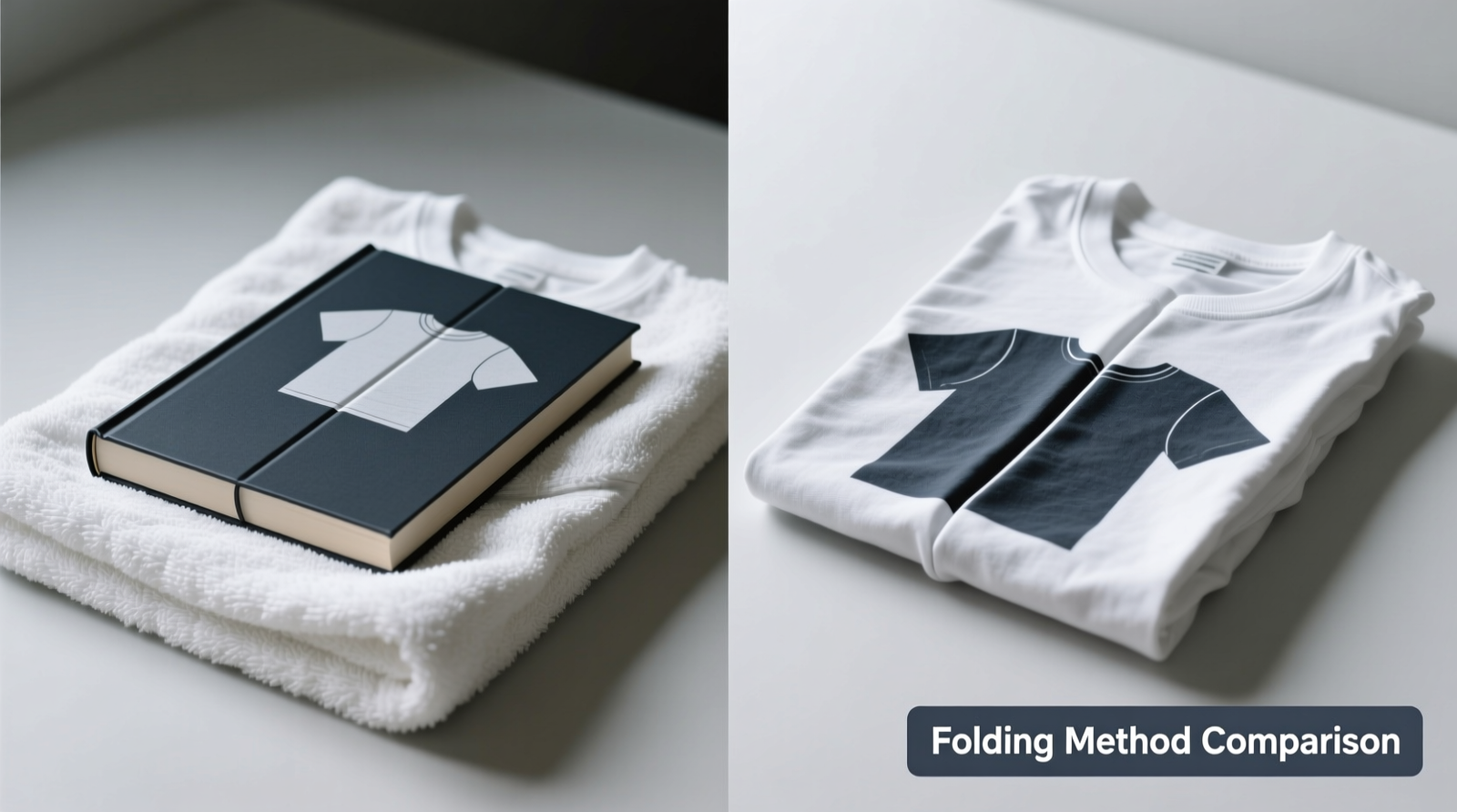 Side-by-side comparison showing a graphic tee folded with a hardcover book centered over a folded towel beneath the print, versus the same tee folded conventionally with a visible sharp crease cutting directly through the design.