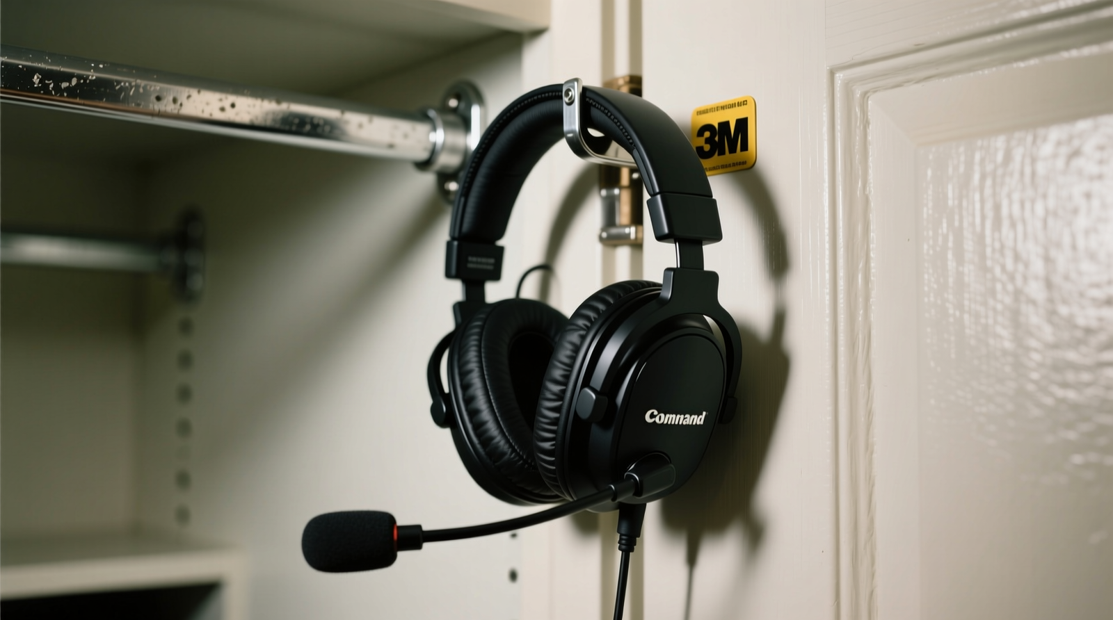 Close-up photo showing a black gaming headset mic arm securely mounted to a 3M Command hook attached to the metal rear bracket of an over-the-door closet organizer; door frame visible, no wall contact