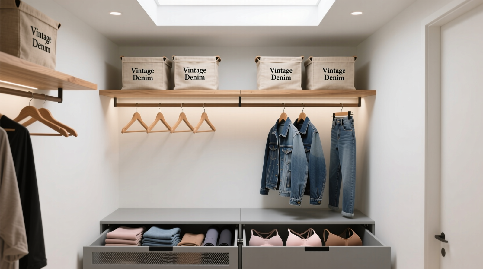 A minimalist walk-in closet showing upper wooden shelves with labeled canvas bins for vintage denim, a double-hanging rod with wooden hangers below, and lower pull-out mesh drawers containing rolled athleisure leggings and sports bras