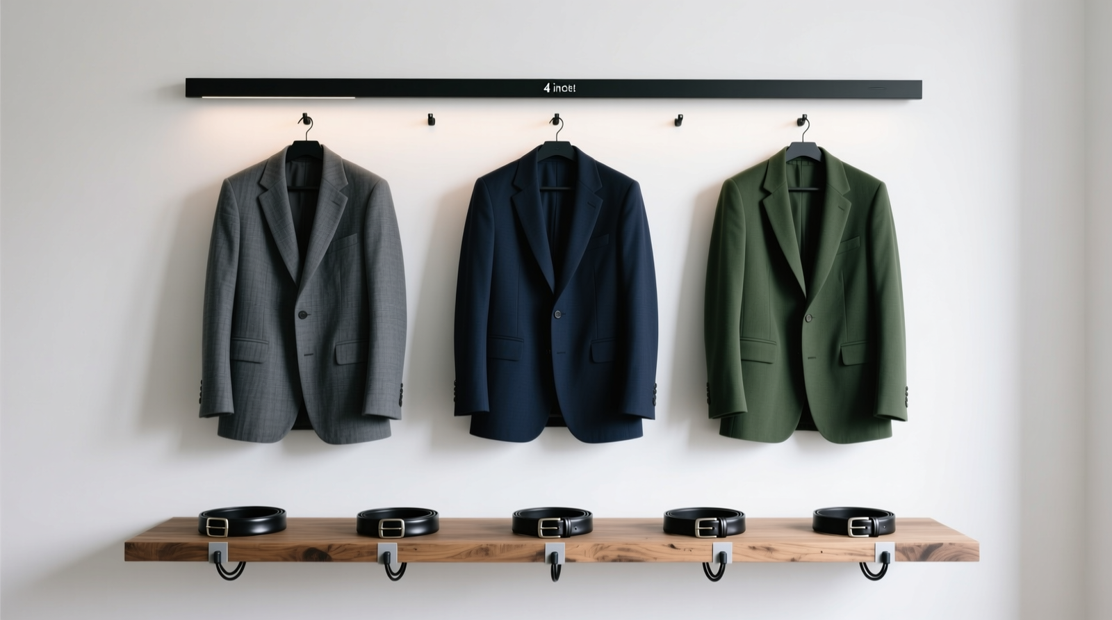 Close-up of white wall with matte-black vertical tech bar mounted 4 inches above a narrow wooden shelf; three blazers hang from evenly spaced micro-S hooks, while slim leather belts are looped into adhesive cable clips underneath the shelf edge. No floor items visible.