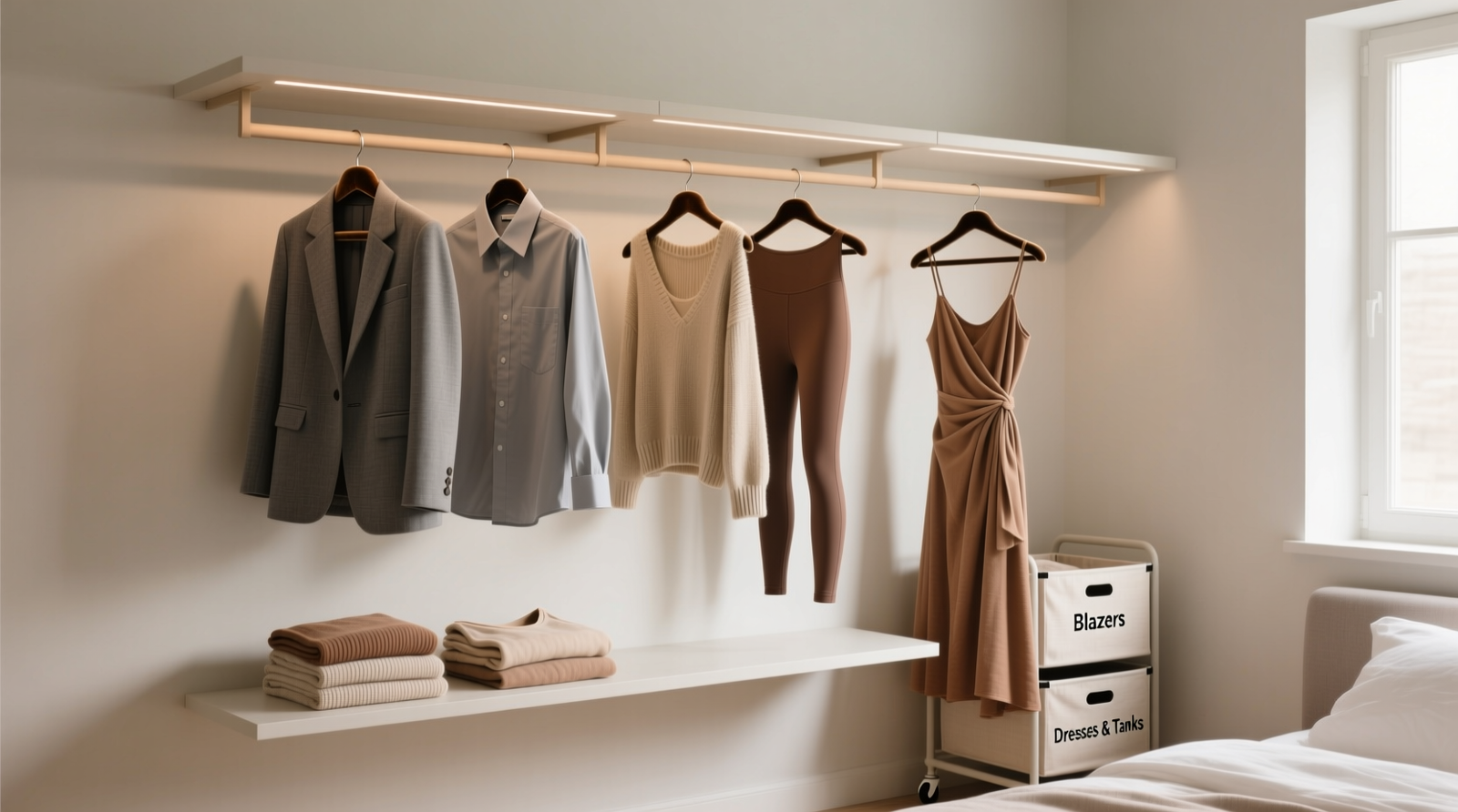 A neutral-toned closet showing three clearly defined hanging zones: upper rod with tailored blazers and button-downs, mid-level rod with soft knits and stretchy leggings, lower shelf with folded nursing tanks and wrap dresses—all using identical slim velvet hangers and labeled fabric bins on casters beside the frame