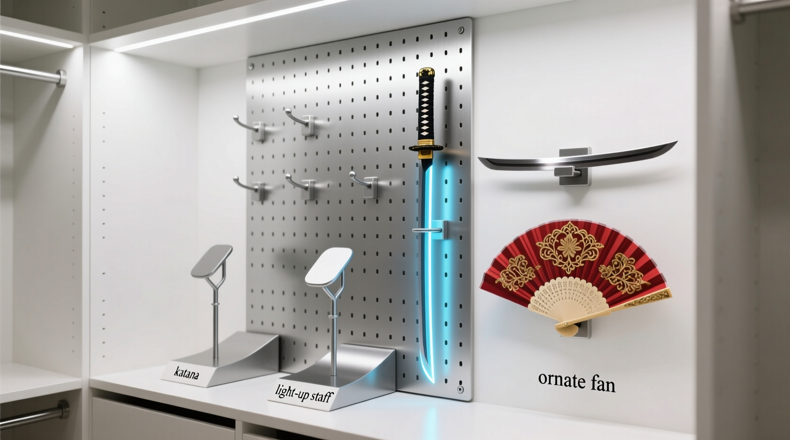 A minimalist white-walled closet section showing aluminum pegboard with vertically mounted collapsible wig stands (in silver matte finish) and angled magnetic prop docks holding a katana, light-up staff, and ornate fan—all clearly labeled and evenly spaced