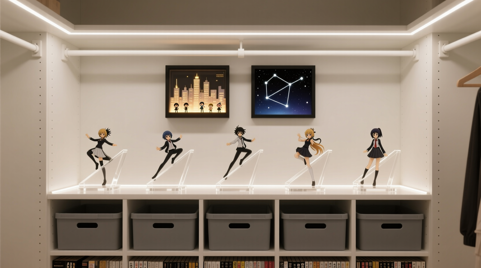 A narrow 36-inch-wide closet transformed with white-painted SKÅDIS rails at eye level, holding six anime figures on angled acrylic risers; below, shallow gray bins hold manga spine-out; LED strip lights illuminate the top shelf where two illuminated shadow boxes display dioramas.