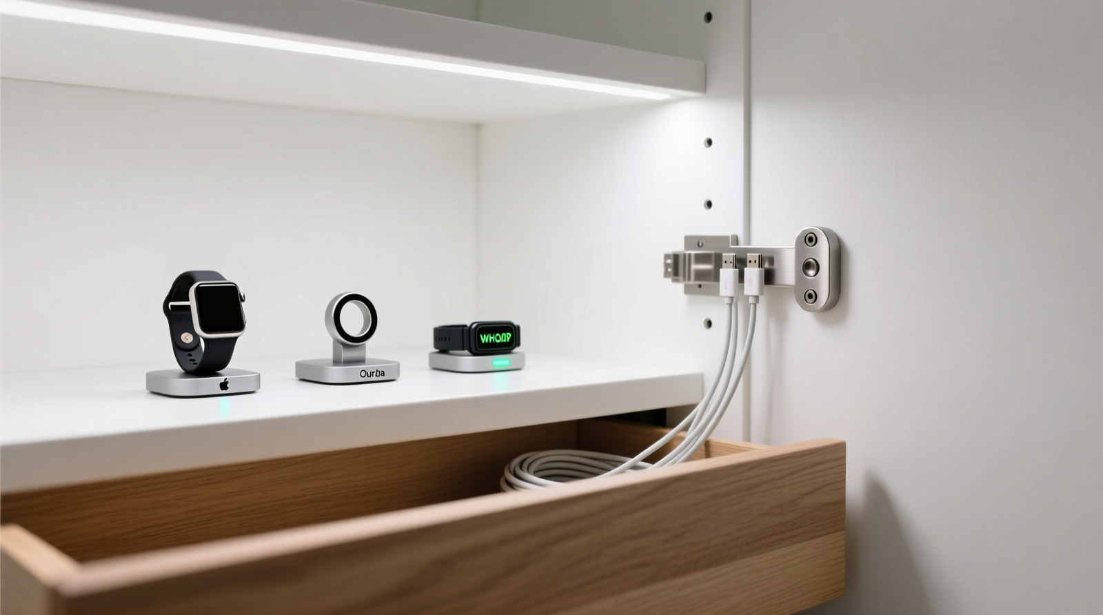 A minimalist white closet interior featuring a shallow oak drawer mounted at eye level, containing three magnetic charging docks arranged left-to-right for an Apple Watch, Oura Ring, and WHOOP strap, with neatly coiled USB-C cables routed discreetly through a brushed-metal grommet into the wall