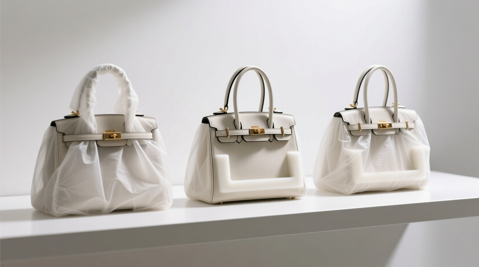 Three structured handbags upright on a shallow white shelf, each fitted with a custom foam insert and covered in off-white non-woven dust covers; spacing between bags is visible, and shelf surface shows subtle matte finish with no visible residue