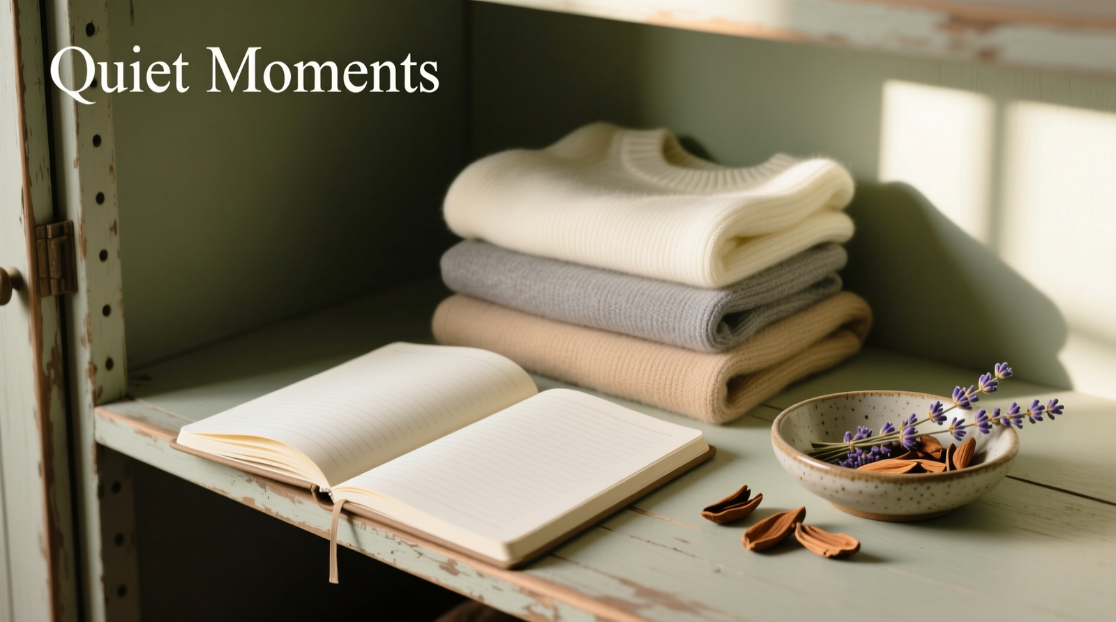 A minimalist, open notebook resting on a wooden closet shelf beside folded cashmere sweaters and a small ceramic dish holding dried lavender buds and cedar chips