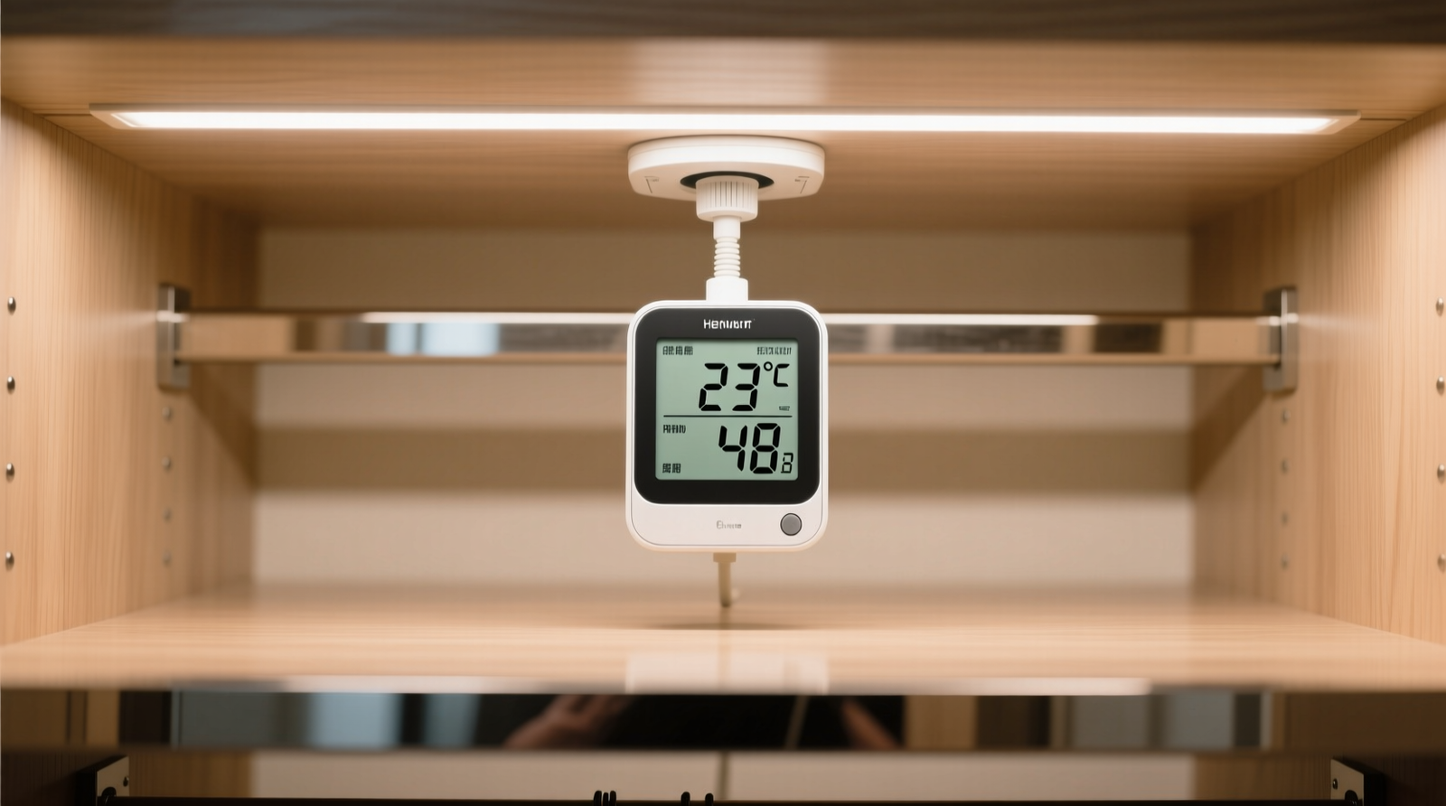 Close-up of a calibrated digital hygrometer-thermometer mounted at eye level inside a well-lit, uncrowded closet, positioned midway between floor and ceiling, away from door frame and exterior wall