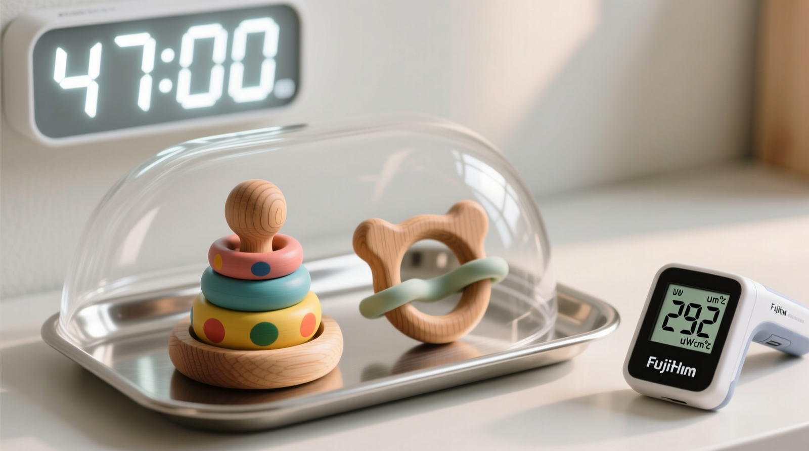 A child's wooden stacking rings and silicone teether arranged on a stainless-steel tray beneath a clear acrylic UV-transmissive dome, with a digital timer showing 47:00 and a handheld UV meter reading 292 µW/cm²
