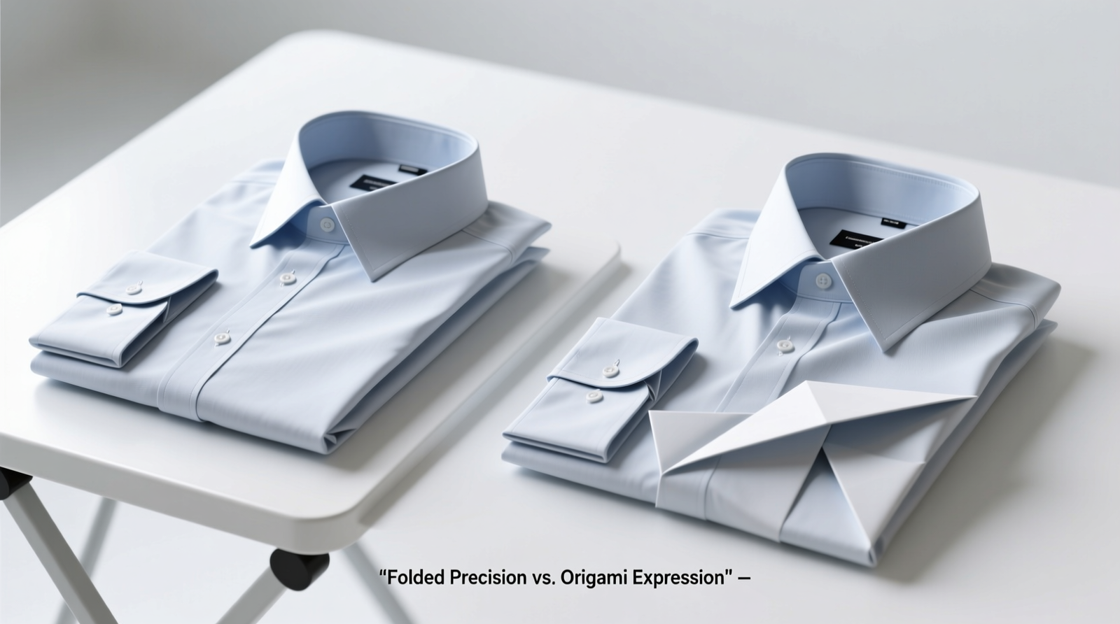 Side-by-side comparison showing a cotton dress shirt folded on a white folding board with sharp, symmetrical creases versus the same shirt folded via origami method with soft, uneven folds and slight collar distortion
