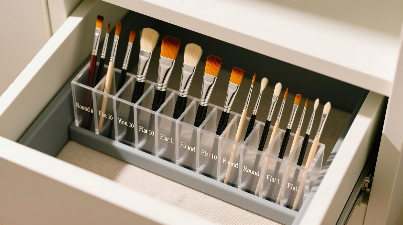 Top-down photo of a shallow closet drawer with clear acrylic vertical brush holder: brushes arranged upright in labeled, evenly spaced slots, bristles fully visible and uncontacted, silicone liner visible beneath