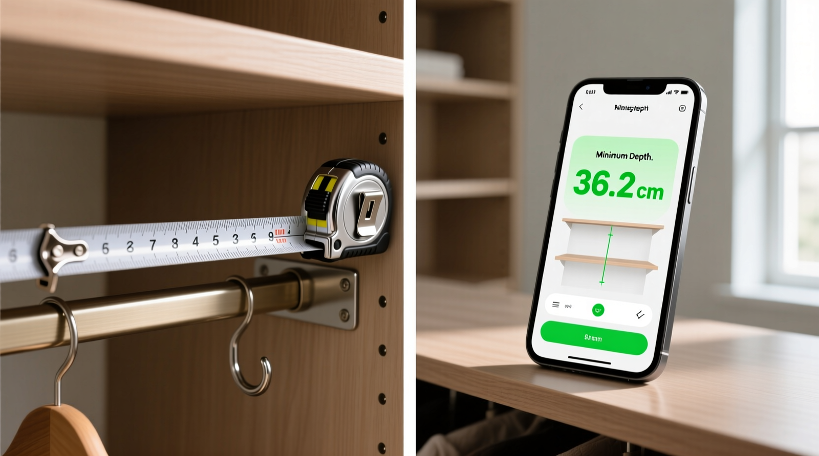 Side-by-side comparison showing a steel tape measure extended across a closet shelf bracket while a smartphone displays a shelf depth calculator app interface with highlighted minimum depth value of 36.2 cm
