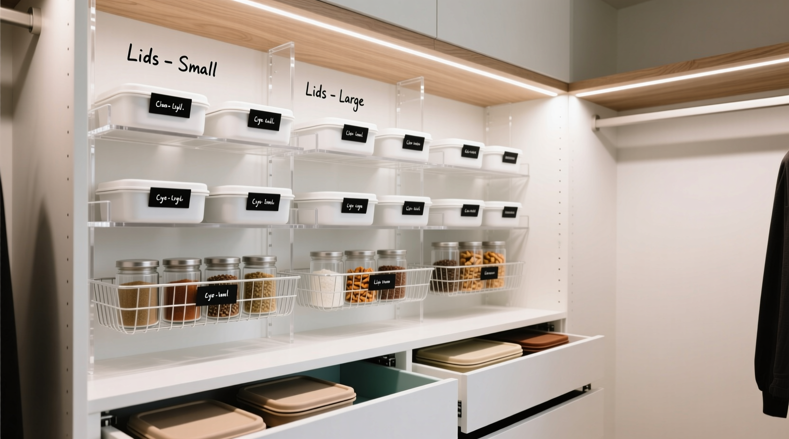 A custom closet pantry extension with labeled vertical zones: bento boxes upright in tiered acrylic risers at chest height, glass containers in slide-out wire baskets at eye level, and flat-stacked lids in shallow drawer dividers below
