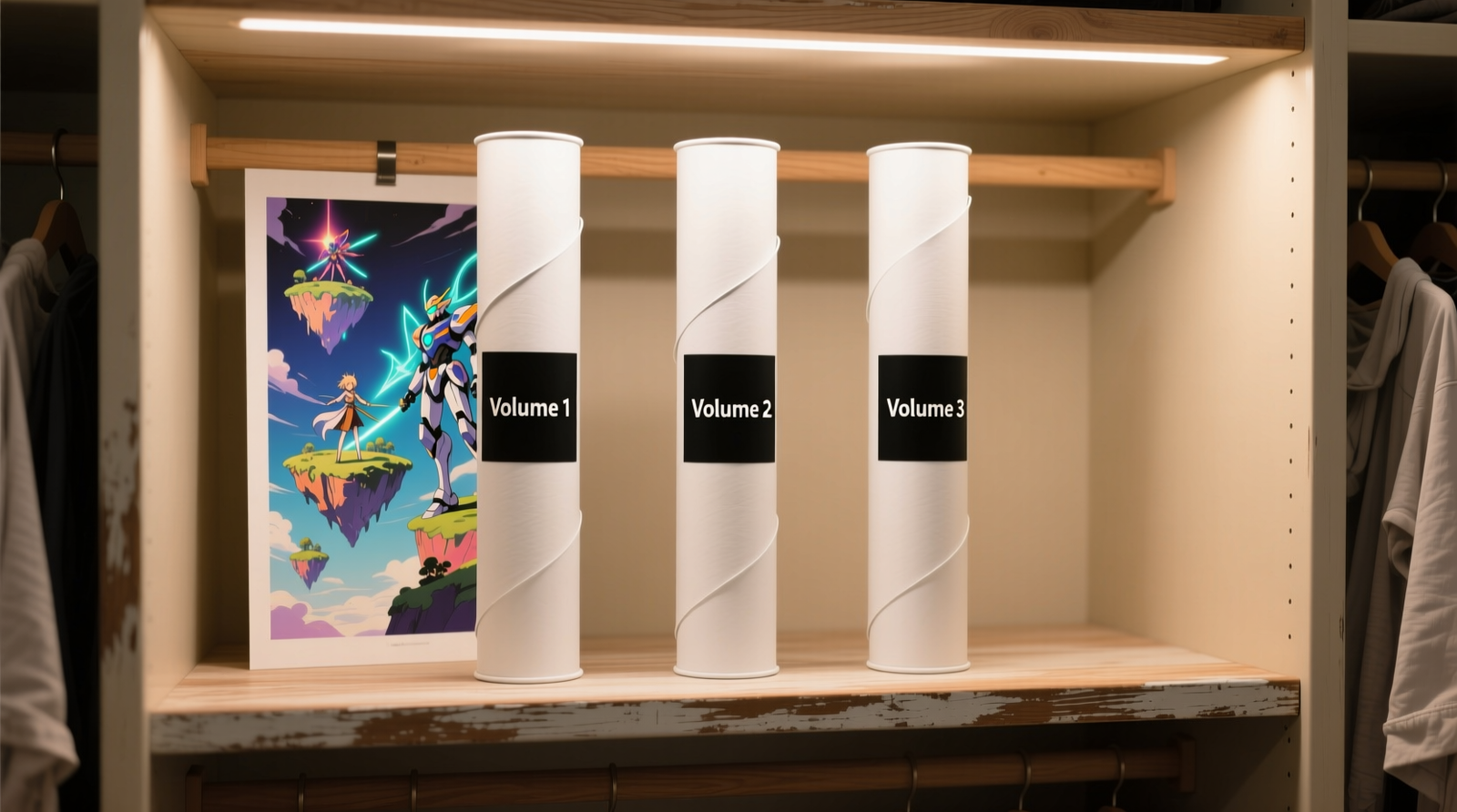 Three upright, labeled acid-free poster tubes standing side-by-side on a shallow wooden closet shelf, each containing a visible anime art print with crisp, uncurled edges; background shows soft ambient lighting and neutral-toned closet interior