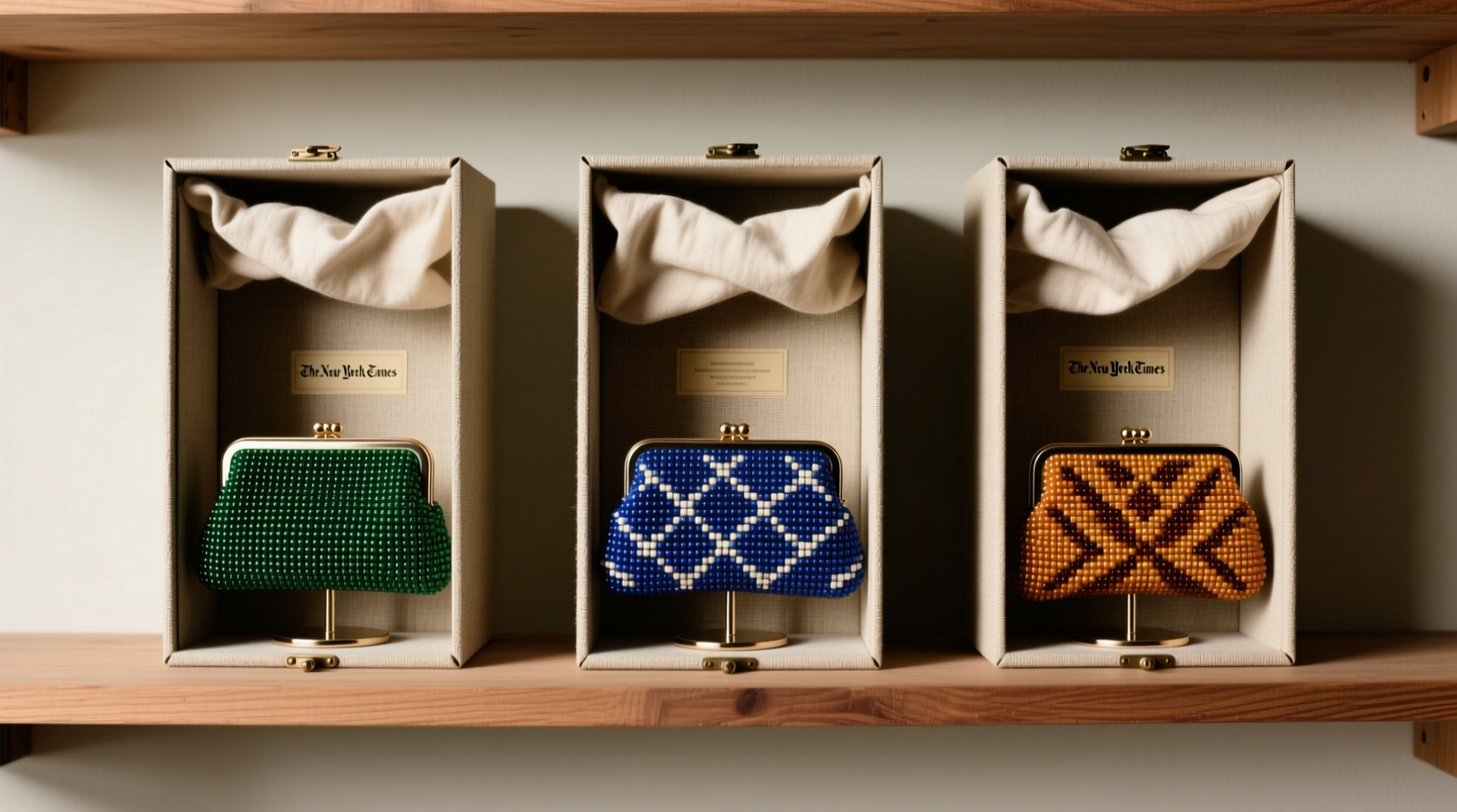 A beige archival box opened to reveal a black beaded clutch standing upright, supported by a custom-cut white foam core and wrapped in off-white unbleached muslin; a soft silk roll rests inside the clutch’s center cavity, maintaining its silhouette without contact against beadwork.