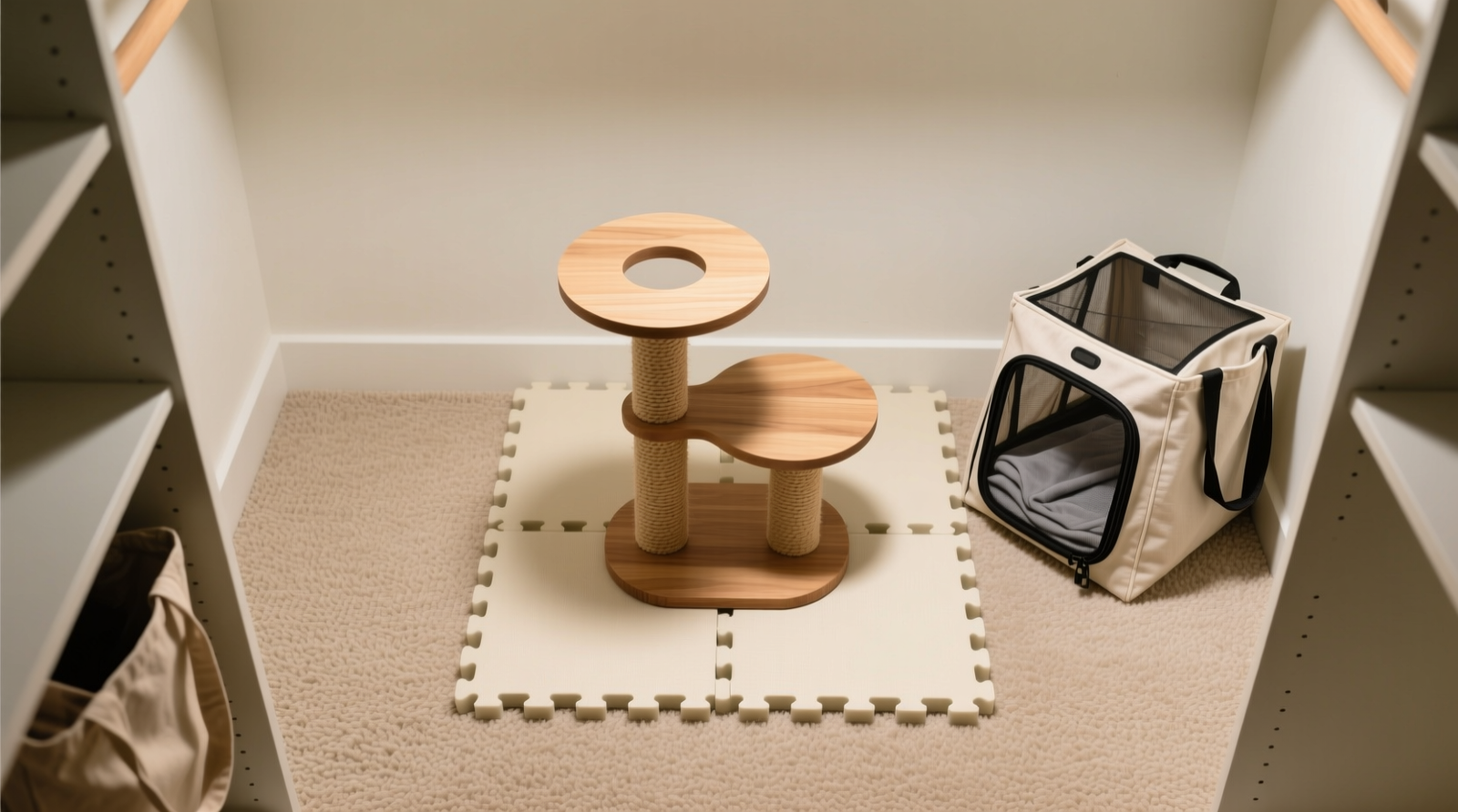 Overhead view of a shallow closet showing a 2x2 interlocking foam tile laid flat on beige carpet, with a compact cat tree centered atop it and a folded carrier stored upright beside it inside a breathable canvas tote—no visible carpet distortion