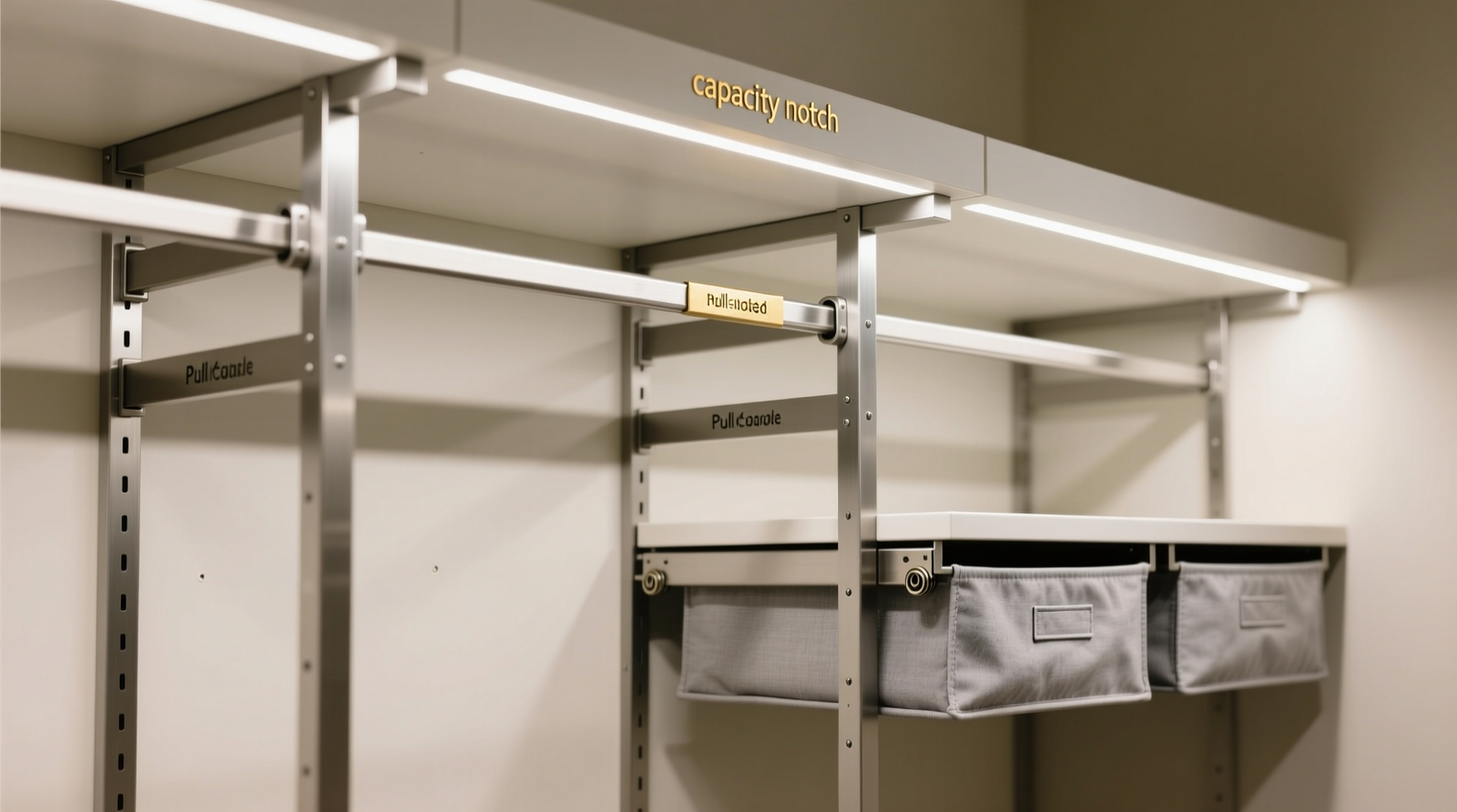 A minimalist modular closet system with labeled steel uprights, adjustable chrome rods, pull-out fabric bins, and a single visible 'capacity notch' marker on the top rod