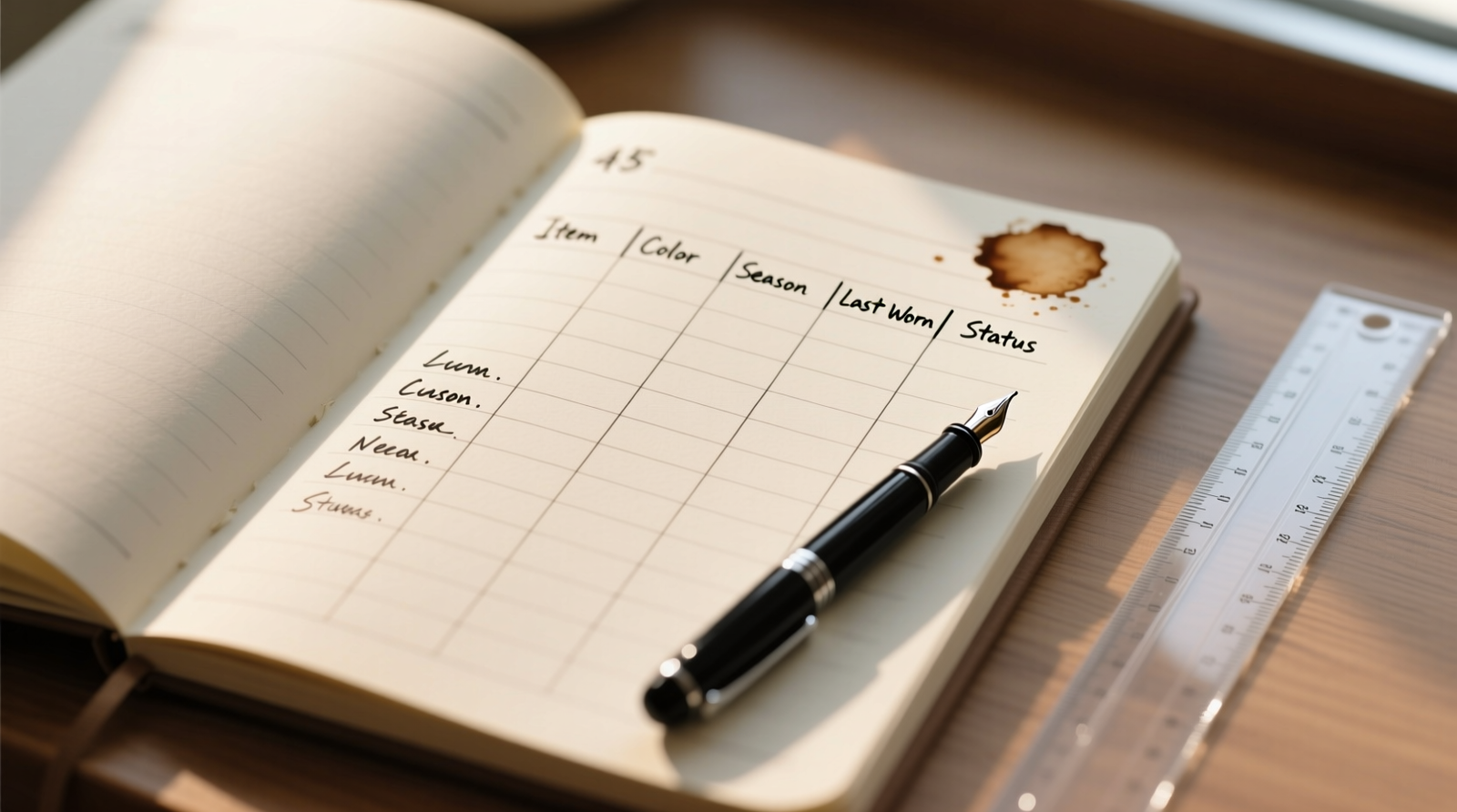 Open A5 notebook showing hand-drawn grid with columns: Item | Color | Season | Last Worn | Status. Neat pen entries, one coffee stain in corner, ruler beside it.