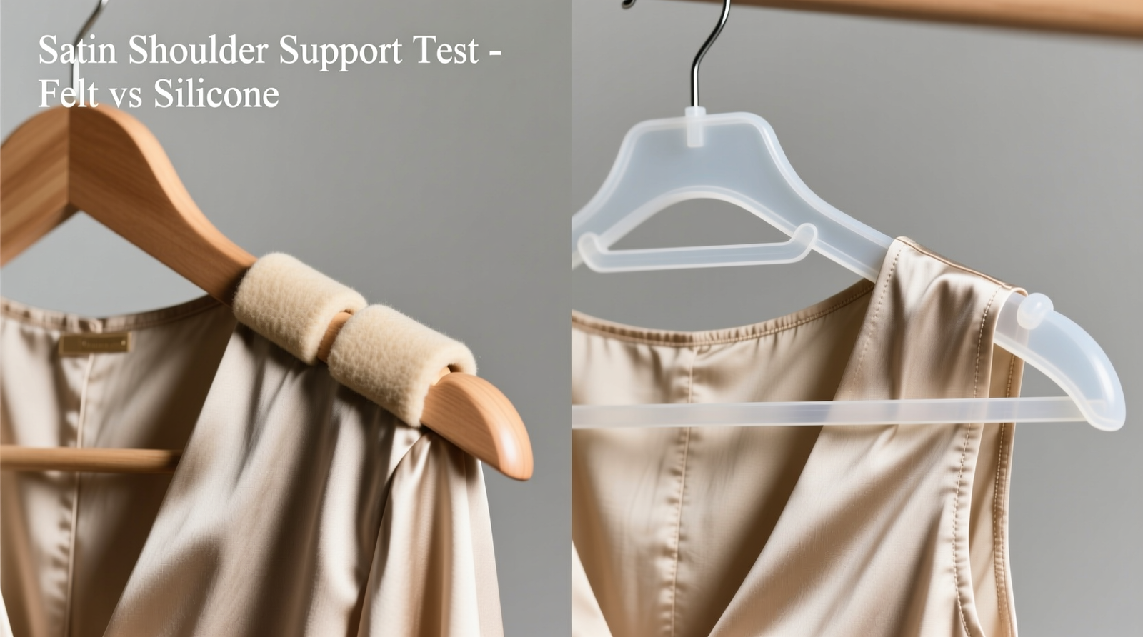 Close-up photo showing a matte black silicone grip strip adhered evenly along the top curve of a slim metal hanger bar, with a pale silk blouse resting securely—no shoulder droop, no fabric bunching, no visible slippage