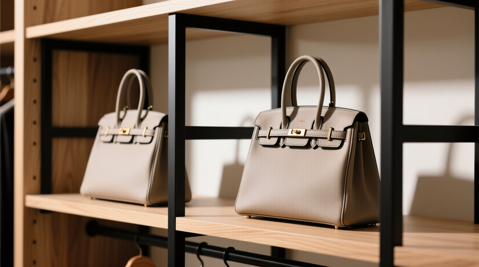 Side-view photo showing two structured handbags standing upright between matte-black metal shelf dividers on a light oak closet shelf, with no leaning, sagging, or contact between bags