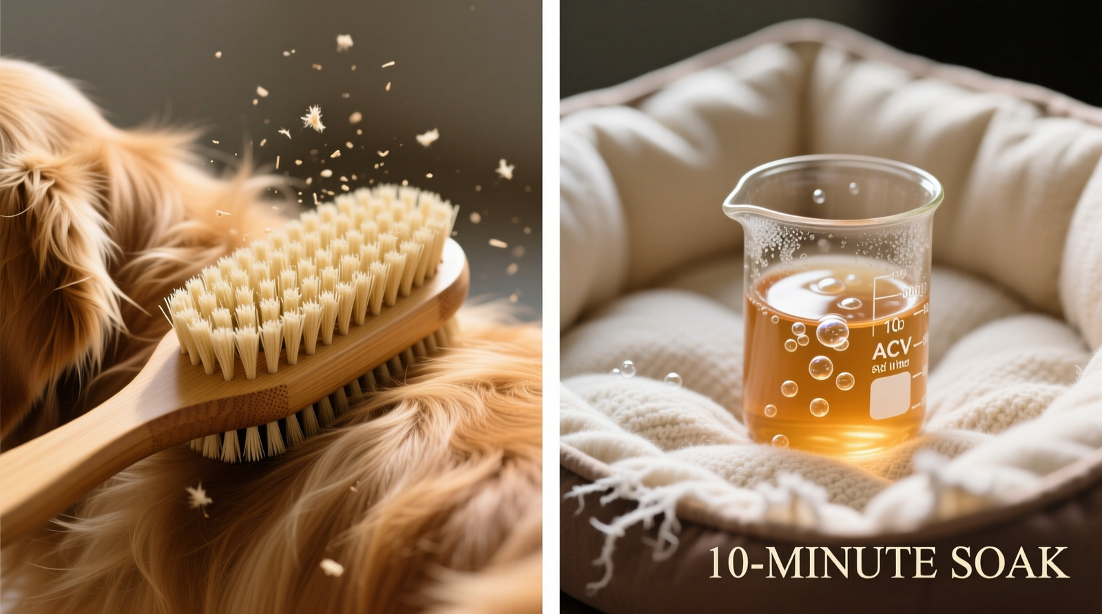 Side-by-side visual: left shows bamboo pet brush gliding over a golden retriever's dry coat, capturing dander in visible bristle grooves; right shows cotton pet bed fabric submerged in pale amber ACV solution during a timed 10-minute soak