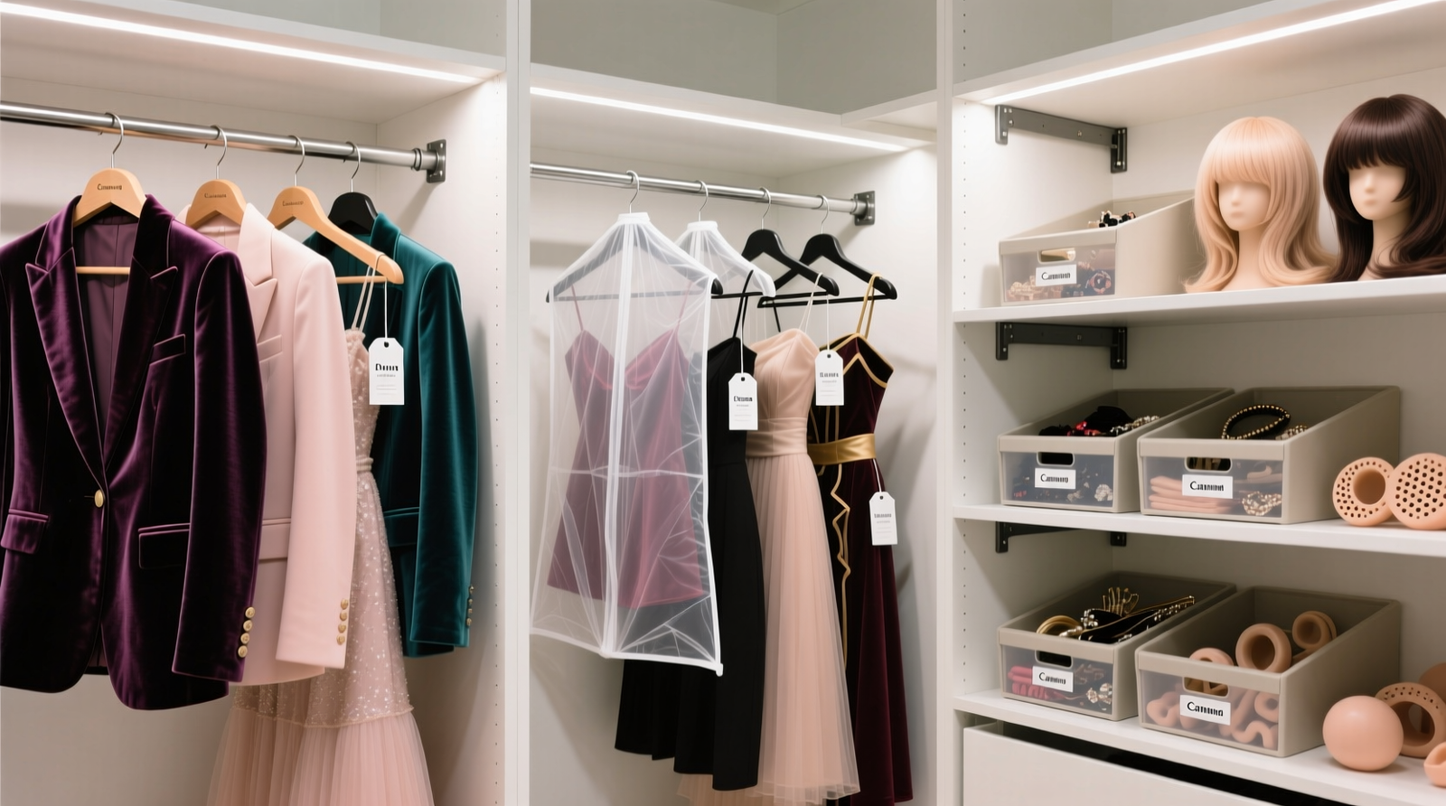 A well-lit closet showing three clearly demarcated zones: left side with neatly hung blazers and dresses on velvet hangers; center with full cosplay outfits on reinforced hangers beneath labeled, breathable garment bags; right side with shallow, lidded bins containing wigs, props, and silicone parts on adjustable shelves