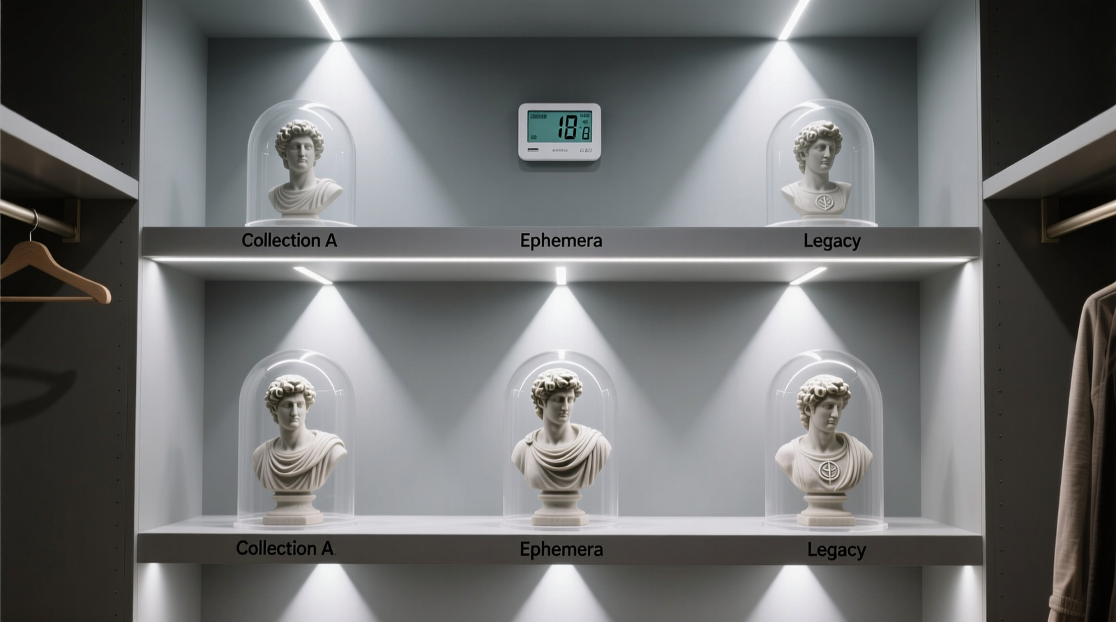Three-tier closet installation showing angled LED spotlights precisely illuminating polystone statues under transparent acrylic domes, with labeled shelf zones and a hygrometer visible on the back wall