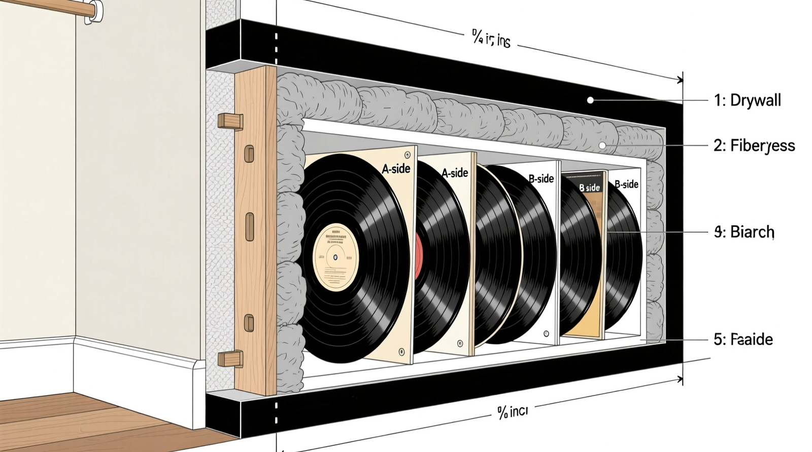 Cross-section diagram showing vinyl records stored vertically inside a standard closet wall cavity, with labeled layers: drywall, fiberglass insulation, foam-core mounting panel, birch plywood spine guide, and records aligned perpendicular to floor