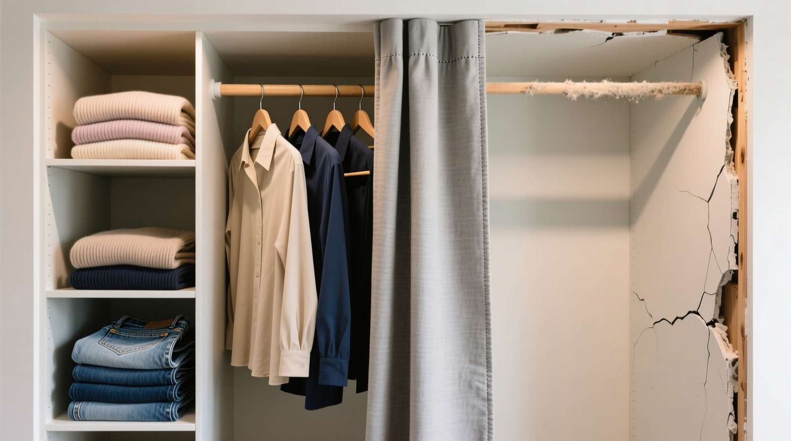 Side-by-side comparison showing a foldable fabric partition neatly dividing a standard reach-in closet into three vertical zones—folded sweaters, hanging blouses, and stacked jeans—while a tension rod divider tilts slightly in an adjacent closet with visibly compressed drywall at both ends