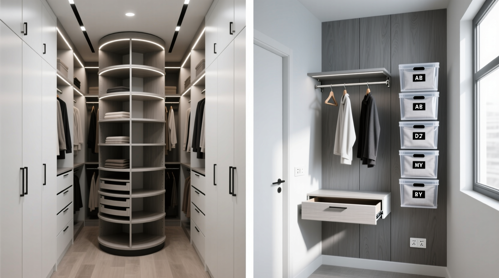 Side-by-side comparison: left shows a closet carousel occupying center floor space with narrow aisles; right shows a compact closet with dual-height hanging rods, shallow pull-out shelf, and labeled fabric bins stacked vertically along the back wall