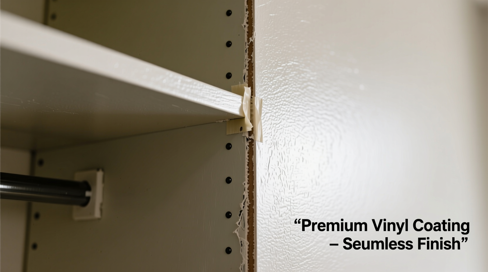 Close-up of professionally installed vinyl-coated closet mural with visible seam sealing and smooth roller finish on primed drywall